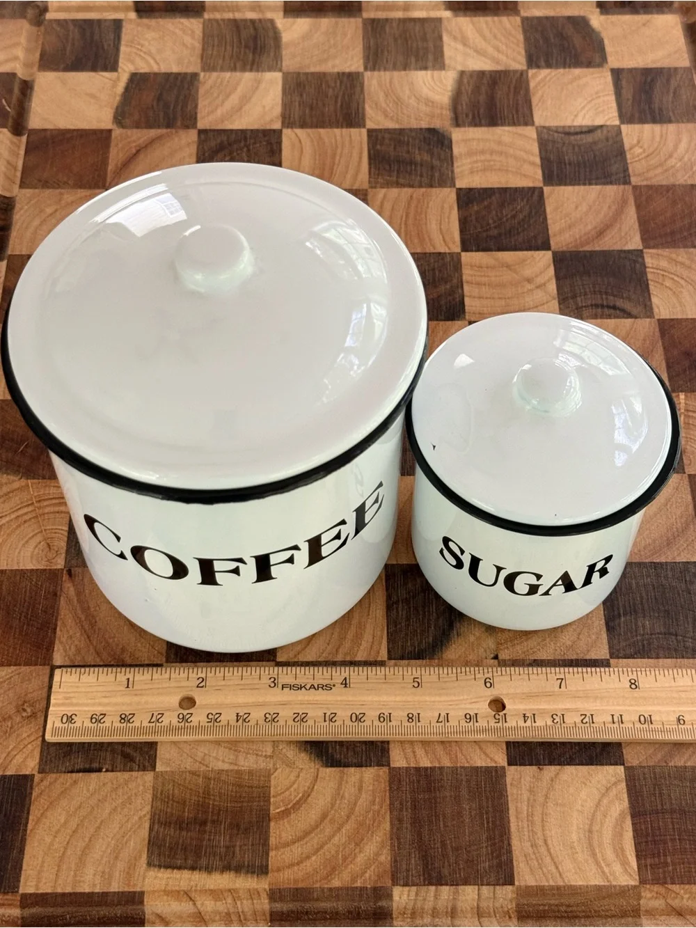 White and Black Enamel Coffee & Sugar Storage Canister Set